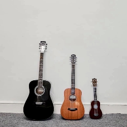 Image of three guitars leaning against the wall